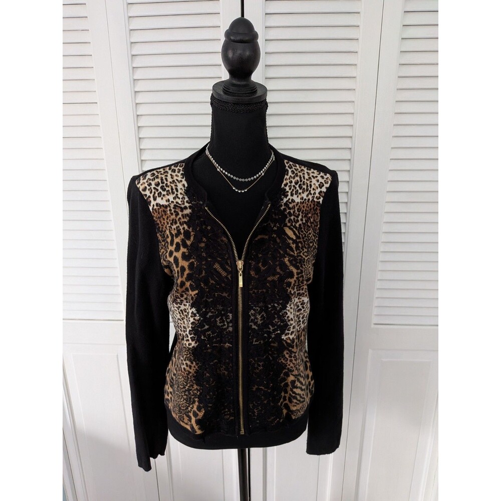 Chico's Sweater Womens M/1 Black Brown Full Zip Lace Leopard Print Cardigan Top